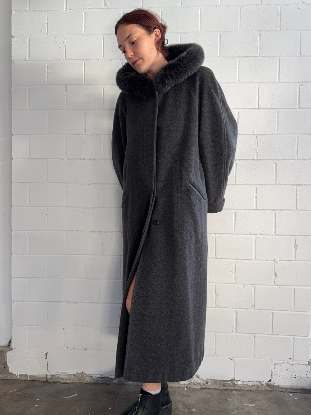 Long Black Wool Coat with Fur Trim Hood